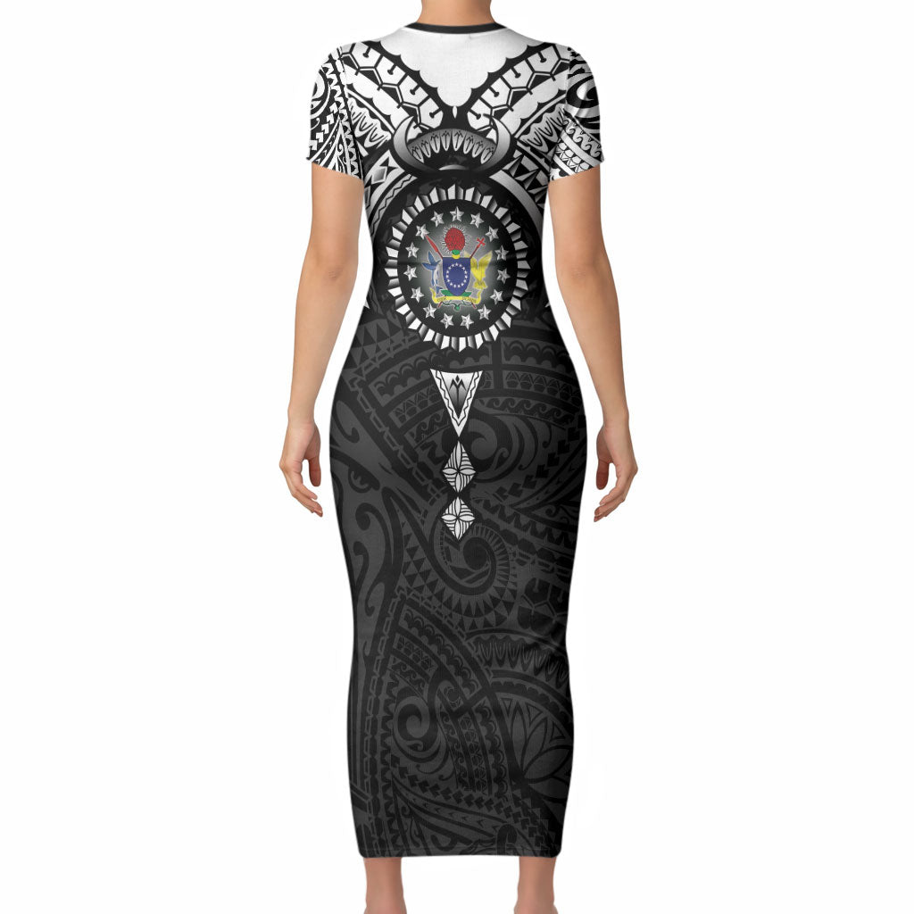Cook Islands Manta Ray Short Sleeve Bodycon Dress Kuki Airani Tattoo Black Color LT14 - Polynesian Pride