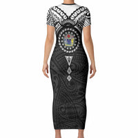 Cook Islands Manta Ray Short Sleeve Bodycon Dress Kuki Airani Tattoo Black Color LT14 - Polynesian Pride
