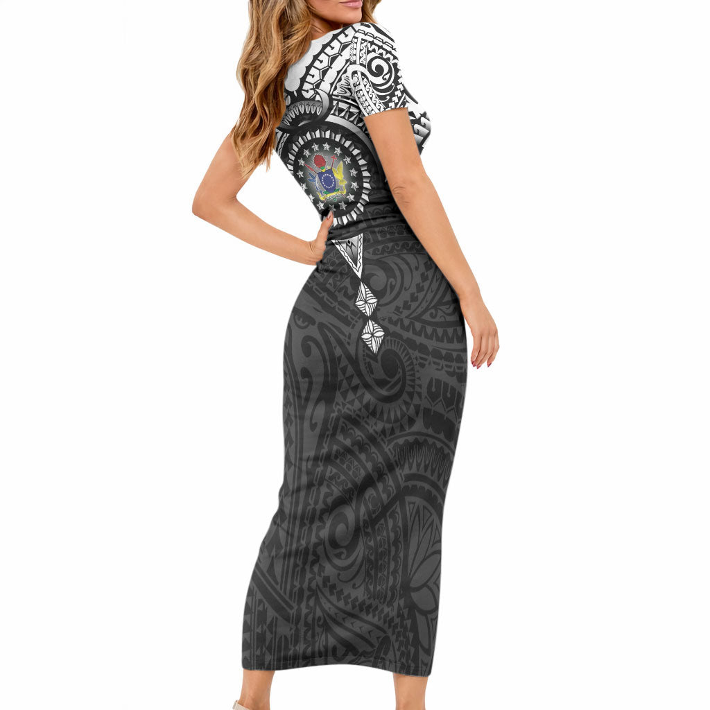 Cook Islands Manta Ray Short Sleeve Bodycon Dress Kuki Airani Tattoo Black Color LT14 - Polynesian Pride