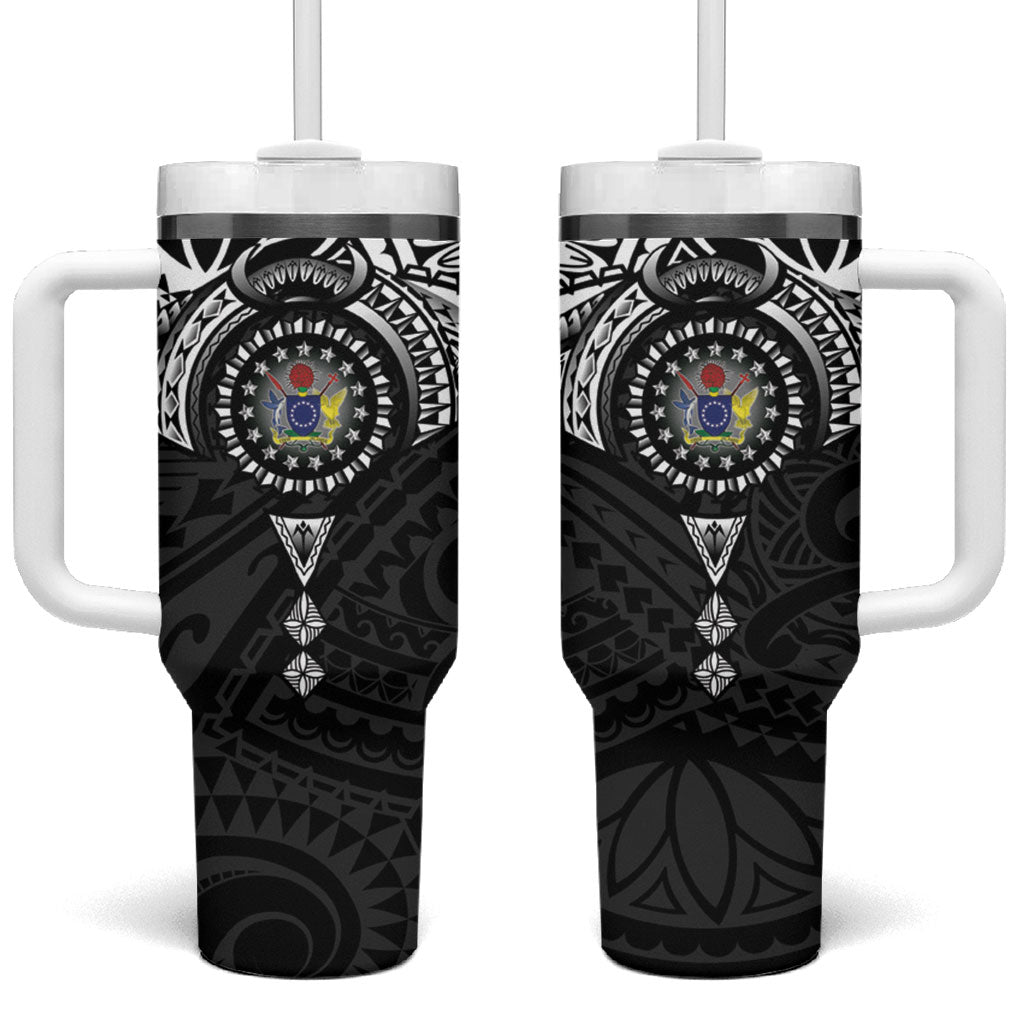 Cook Islands Manta Ray Tumbler With Handle Kuki Airani Tattoo Black Color