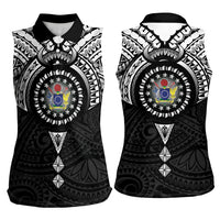 Cook Islands Manta Ray Women Sleeveless Polo Shirt Kuki Airani Tattoo Black Color LT14 - Polynesian Pride
