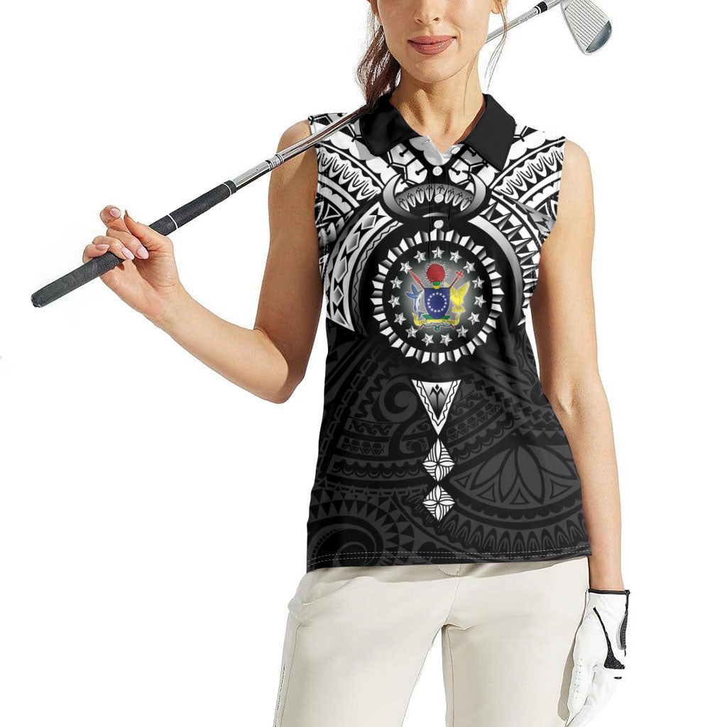 Cook Islands Manta Ray Women Sleeveless Polo Shirt Kuki Airani Tattoo Black Color LT14 - Polynesian Pride