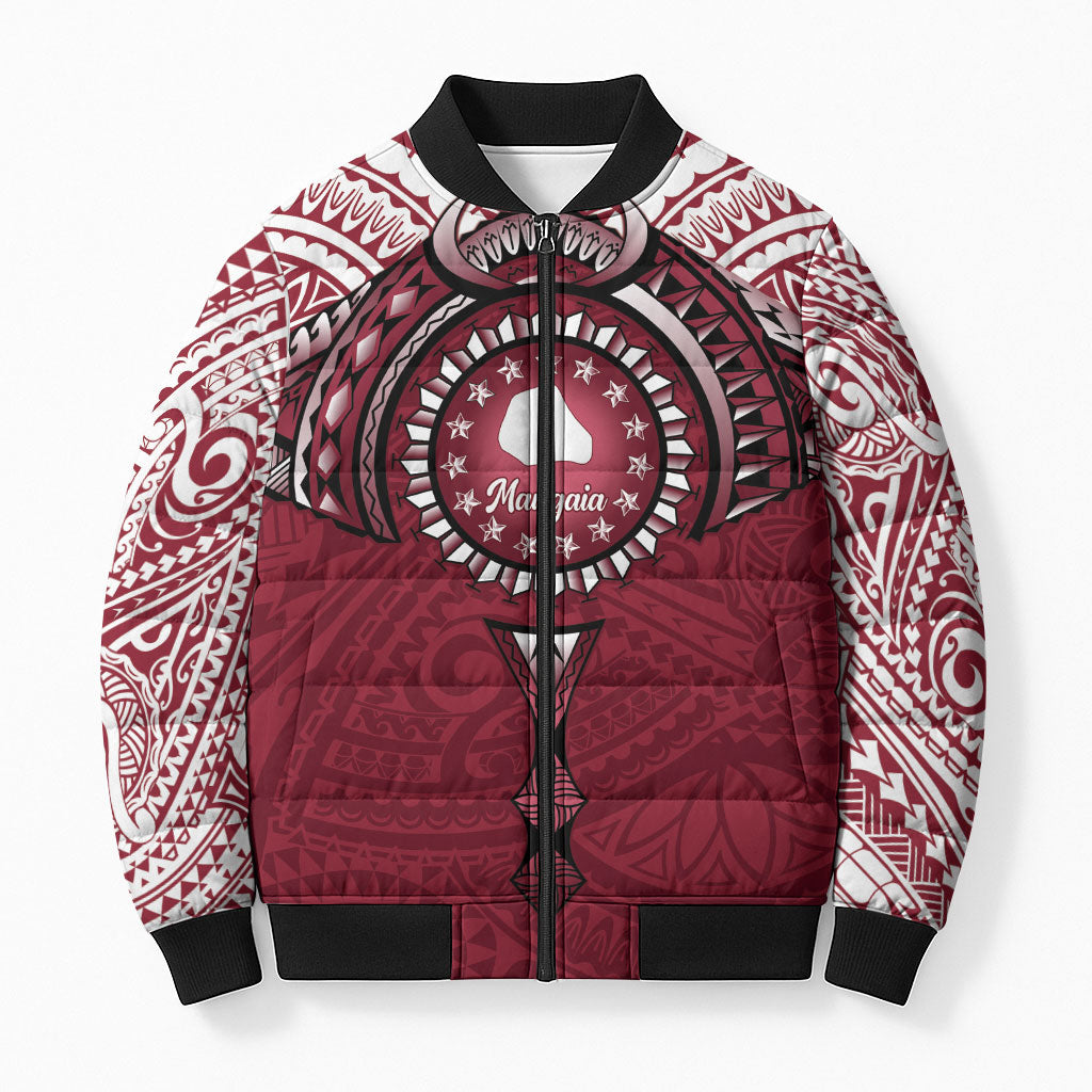 Personalised Cook Islands Mangaia Bomber Puffer Jacket Map With Kuki Airani Manta Ray Tattoo