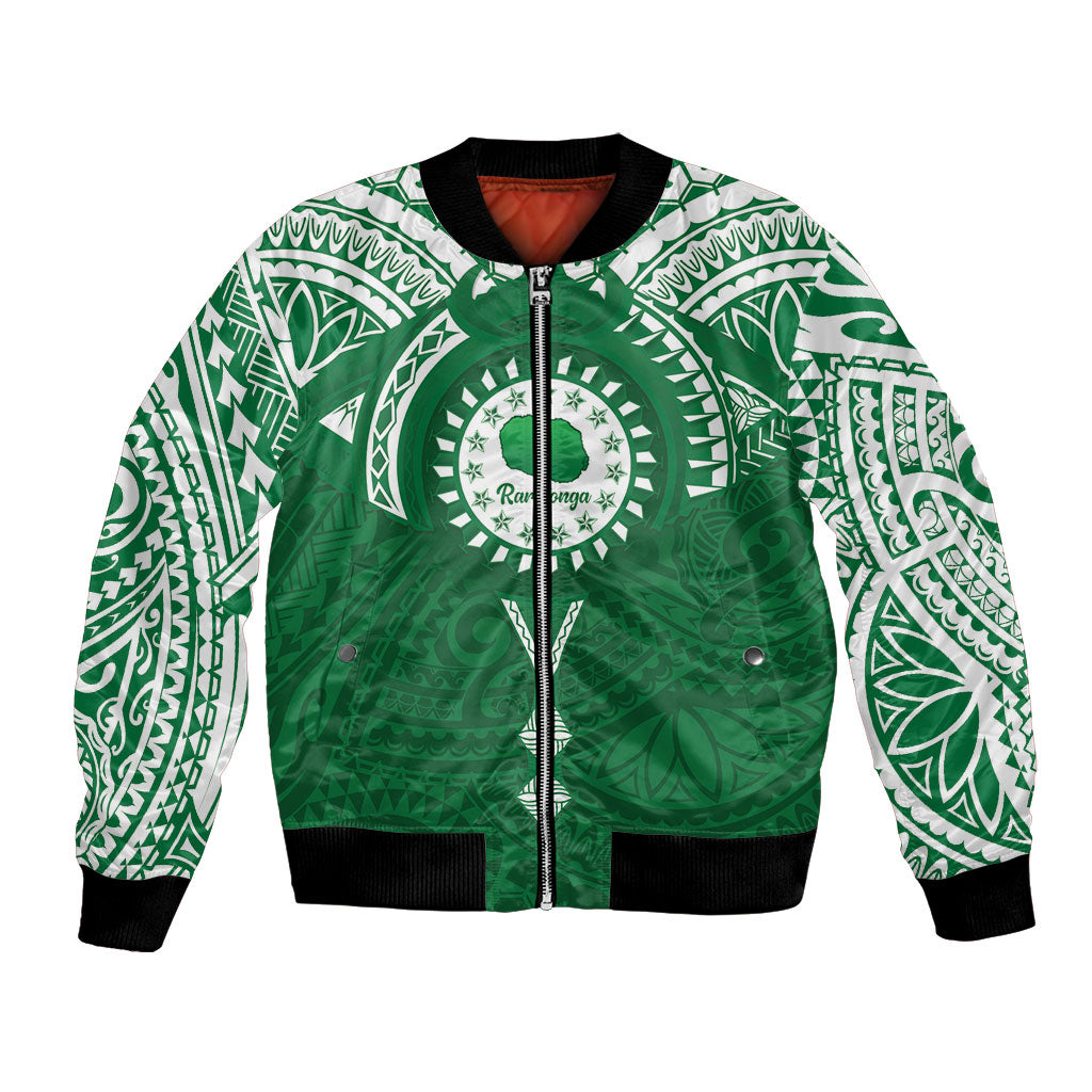 Personalised Cook Islands Rarotonga Bomber Jacket Map With Kuki Airani Manta Ray Tattoo LT14 Unisex Green - Polynesian Pride