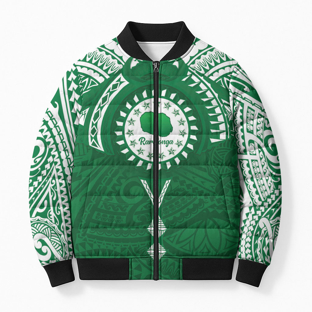 Personalised Cook Islands Rarotonga Bomber Puffer Jacket Map With Kuki Airani Manta Ray Tattoo