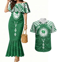 Personalised Cook Islands Rarotonga Couples Matching Mermaid Dress and Hawaiian Shirt Map With Kuki Airani Manta Ray Tattoo LT14 Green - Polynesian Pride
