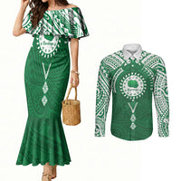 Personalised Cook Islands Rarotonga Couples Matching Mermaid Dress and Long Sleeve Button Shirt Map With Kuki Airani Manta Ray Tattoo LT14 Green - Polynesian Pride