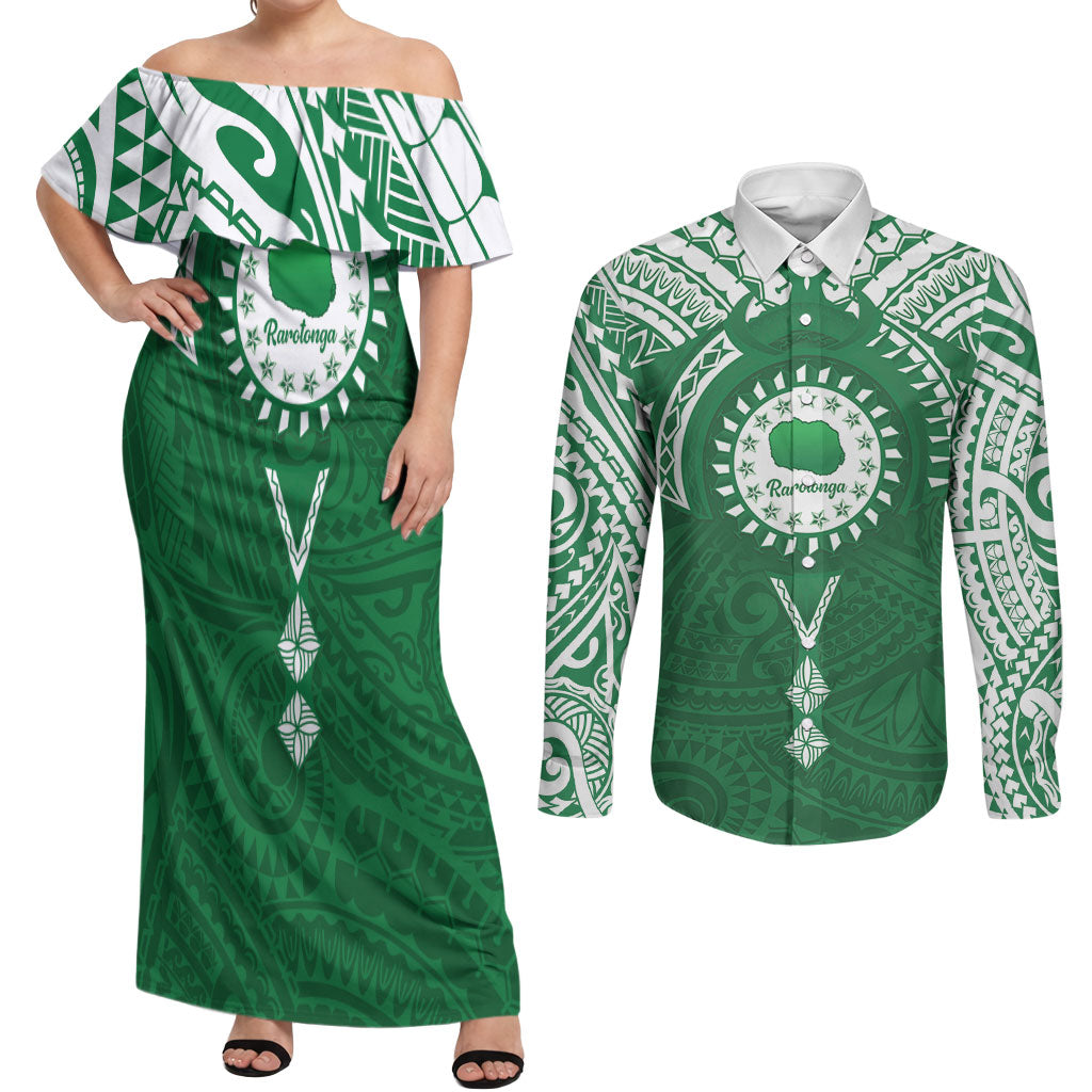 Personalised Cook Islands Rarotonga Couples Matching Off Shoulder Maxi Dress and Long Sleeve Button Shirt Map With Kuki Airani Manta Ray Tattoo