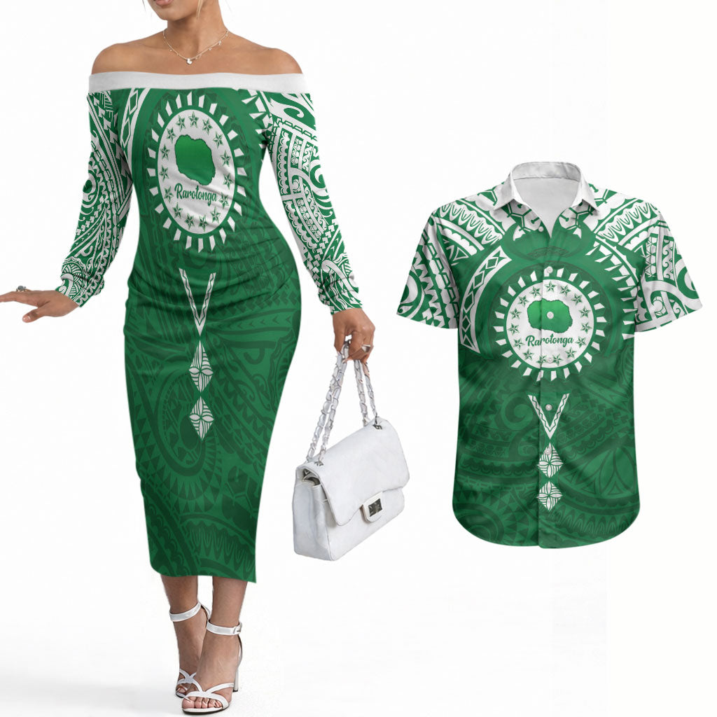 Personalised Cook Islands Rarotonga Couples Matching Off The Shoulder Long Sleeve Dress and Hawaiian Shirt Map With Kuki Airani Manta Ray Tattoo