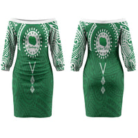 Personalised Cook Islands Rarotonga Couples Matching Off The Shoulder Long Sleeve Dress and Long Sleeve Button Shirt Map With Kuki Airani Manta Ray Tattoo LT14 - Polynesian Pride