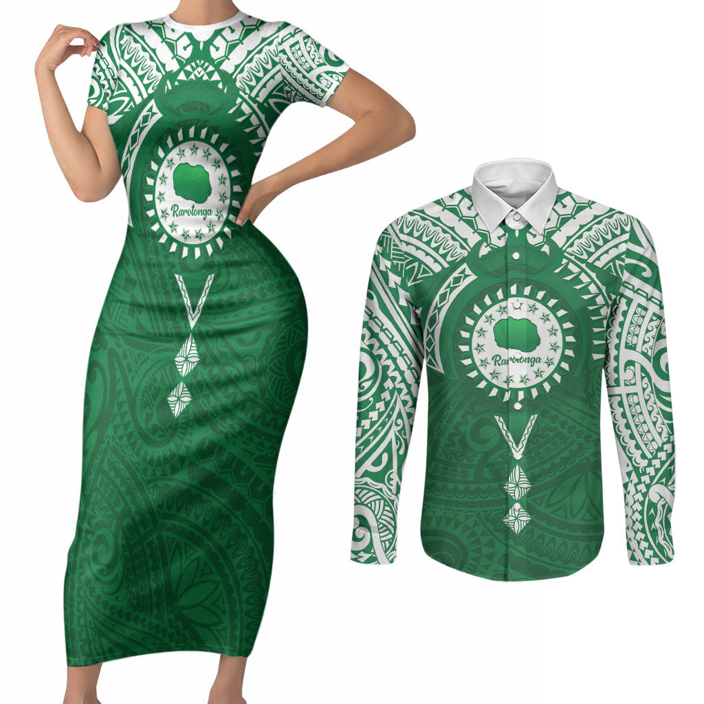 Personalised Cook Islands Rarotonga Couples Matching Short Sleeve Bodycon Dress and Long Sleeve Button Shirt Map With Kuki Airani Manta Ray Tattoo