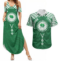 Personalised Cook Islands Rarotonga Couples Matching Summer Maxi Dress and Hawaiian Shirt Map With Kuki Airani Manta Ray Tattoo LT14 Green - Polynesian Pride