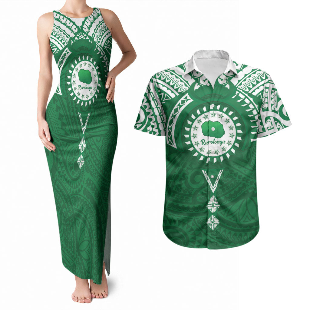 Personalised Cook Islands Rarotonga Couples Matching Tank Maxi Dress and Hawaiian Shirt Map With Kuki Airani Manta Ray Tattoo