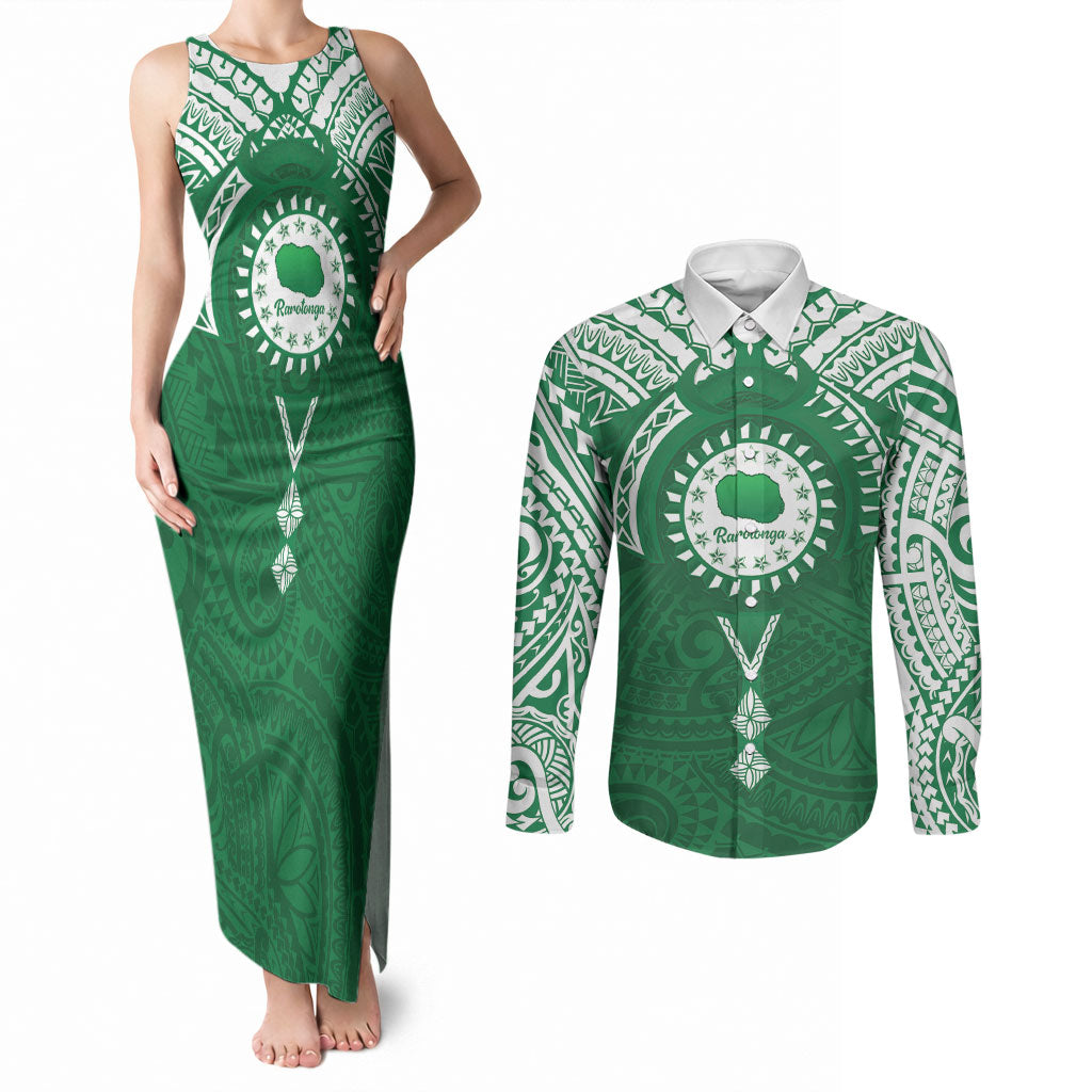 Personalised Cook Islands Rarotonga Couples Matching Tank Maxi Dress and Long Sleeve Button Shirt Map With Kuki Airani Manta Ray Tattoo LT14 Green - Polynesian Pride