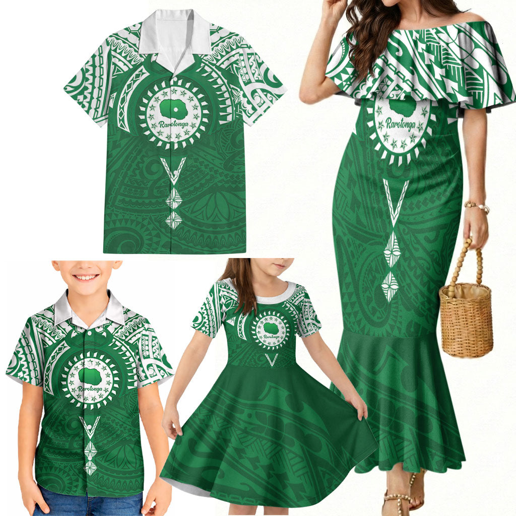Personalised Cook Islands Rarotonga Family Matching Mermaid Dress and Hawaiian Shirt Map With Kuki Airani Manta Ray Tattoo