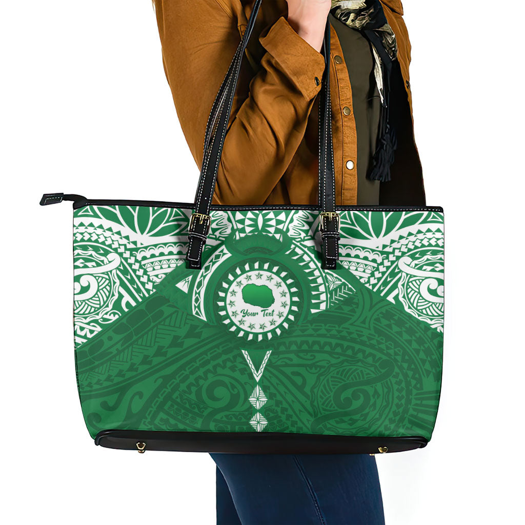 Personalised Cook Islands Rarotonga Leather Tote Bag Map With Kuki Airani Manta Ray Tattoo LT14 - Polynesian Pride