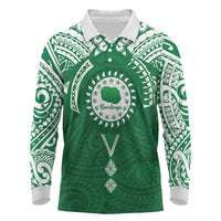 Personalised Cook Islands Rarotonga Long Sleeve Polo Shirt Map With Kuki Airani Manta Ray Tattoo LT14 Green - Polynesian Pride