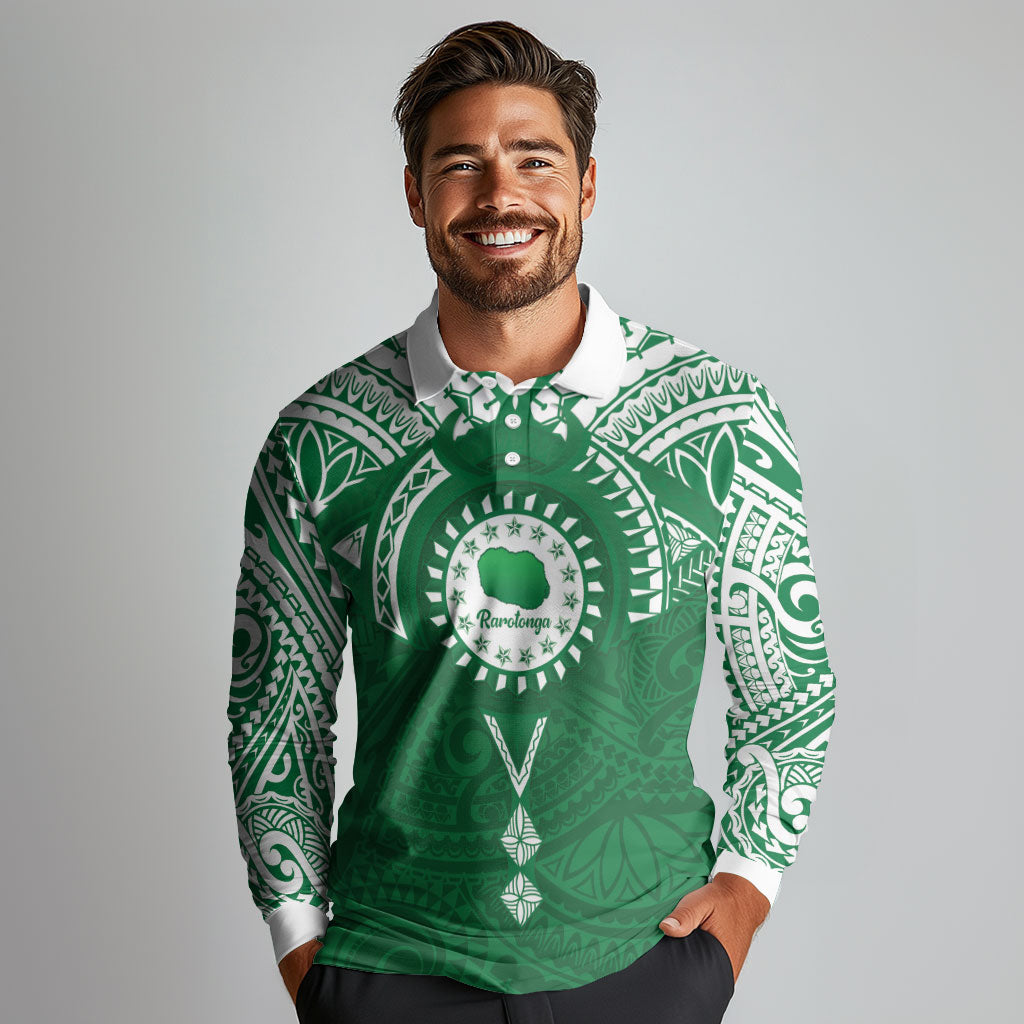 Personalised Cook Islands Rarotonga Long Sleeve Polo Shirt Map With Kuki Airani Manta Ray Tattoo LT14 - Polynesian Pride