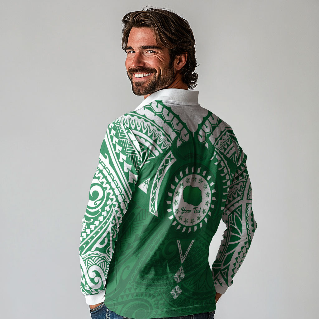 Personalised Cook Islands Rarotonga Long Sleeve Polo Shirt Map With Kuki Airani Manta Ray Tattoo LT14 - Polynesian Pride