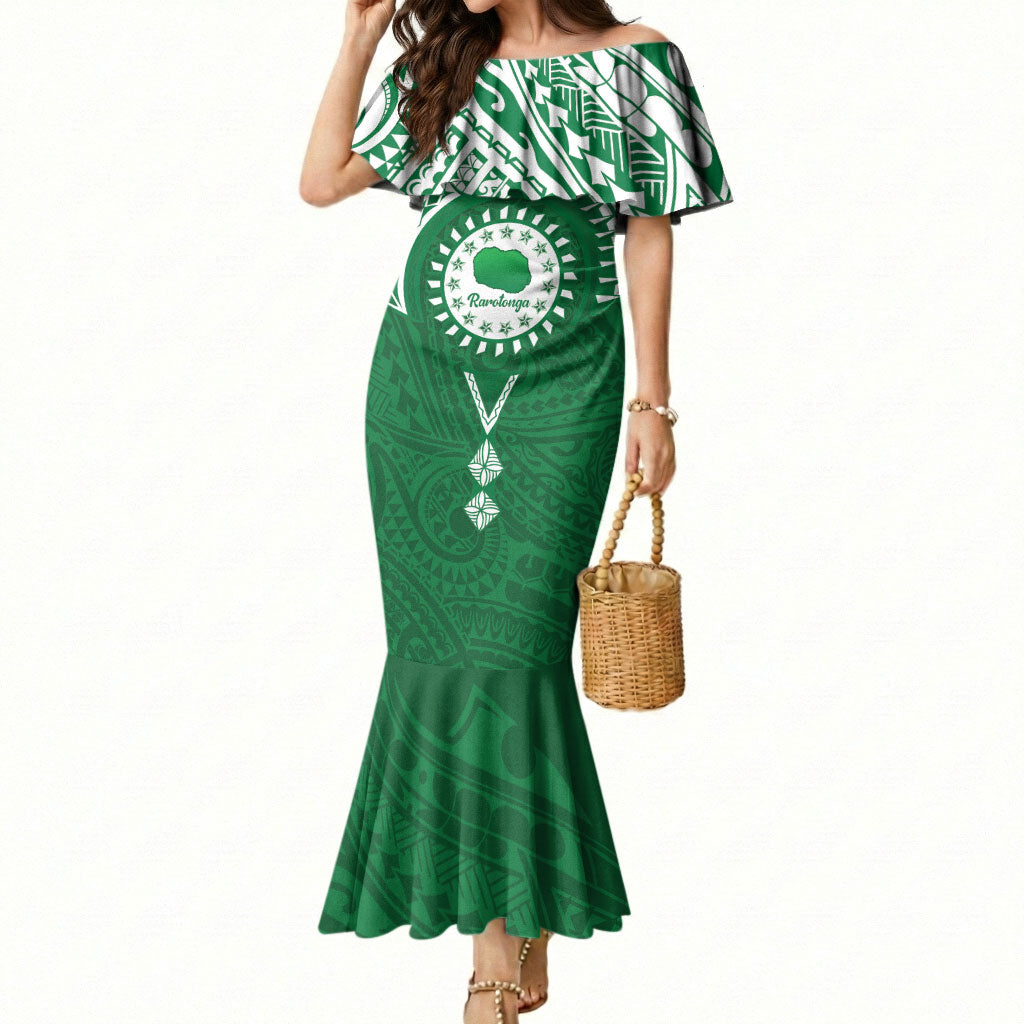 Personalised Cook Islands Rarotonga Mermaid Dress Map With Kuki Airani Manta Ray Tattoo