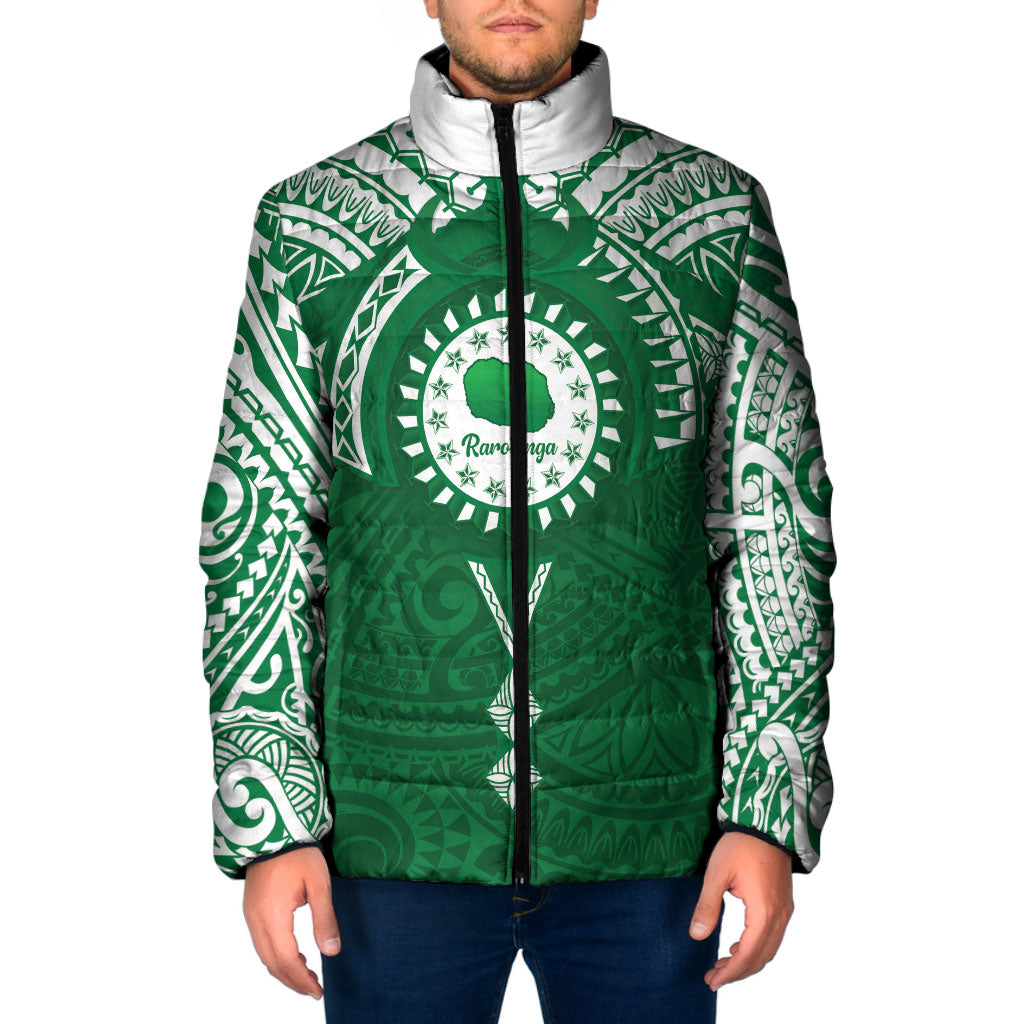 Personalised Cook Islands Rarotonga Padded Jacket Map With Kuki Airani Manta Ray Tattoo