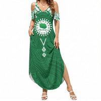Personalised Cook Islands Rarotonga Summer Maxi Dress Map With Kuki Airani Manta Ray Tattoo LT14 Women Green - Polynesian Pride