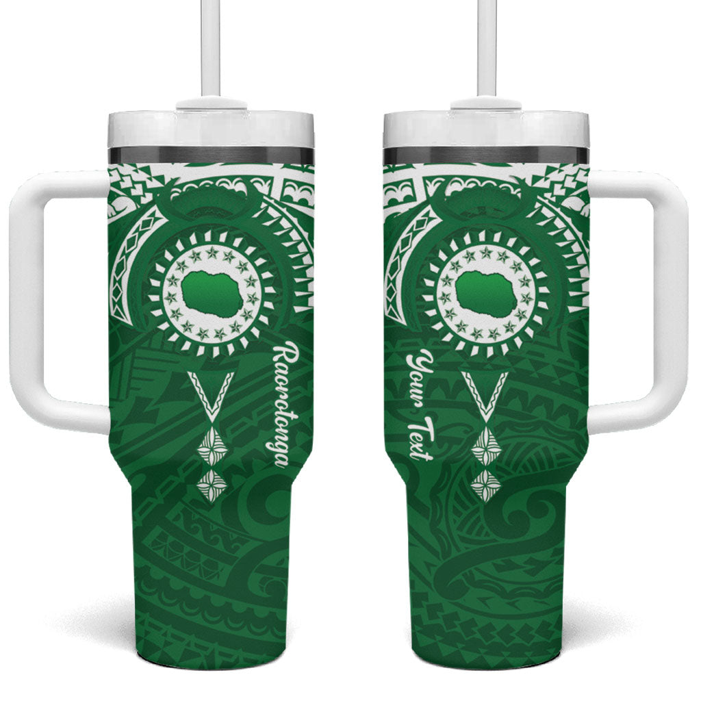Personalised Cook Islands Rarotonga Tumbler With Handle Map With Kuki Airani Manta Ray Tattoo LT14 One Size: 40 oz Green - Polynesian Pride