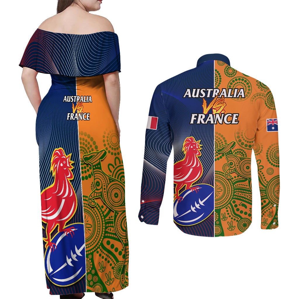 France And Australia Rugby Couples Matching Off Shoulder Maxi Dress and Long Sleeve Button Shirts 2023 World Cup Le Bleus Wallabies Together LT14 - Polynesian Pride