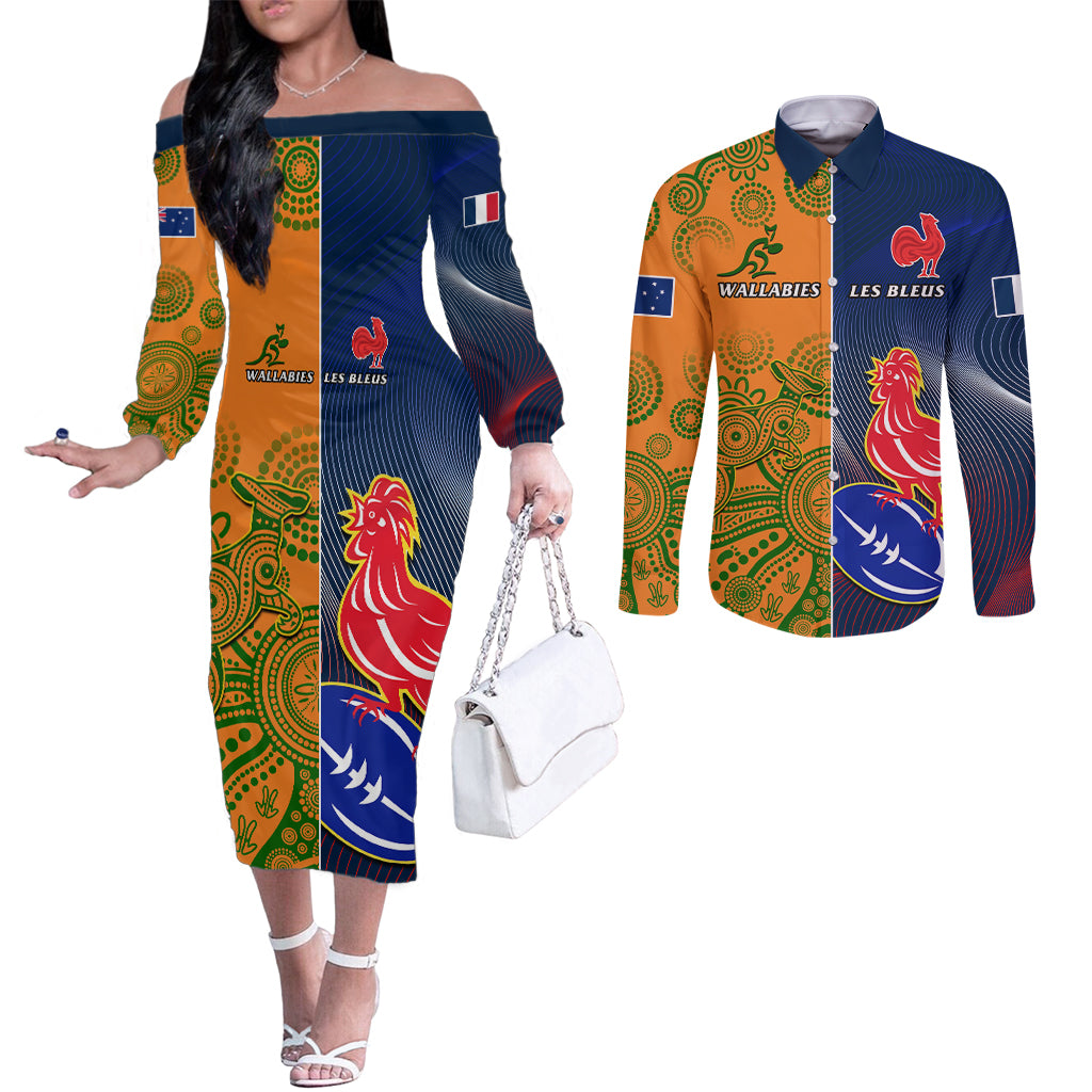 France And Australia Rugby Couples Matching Off The Shoulder Long Sleeve Dress and Long Sleeve Button Shirts 2023 World Cup Le Bleus Wallabies Together LT14 Gold - Polynesian Pride