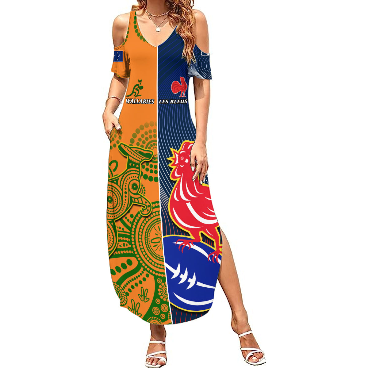 France And Australia Rugby Summer Maxi Dress 2023 World Cup Le Bleus Wallabies Together LT14 Women Gold - Polynesian Pride