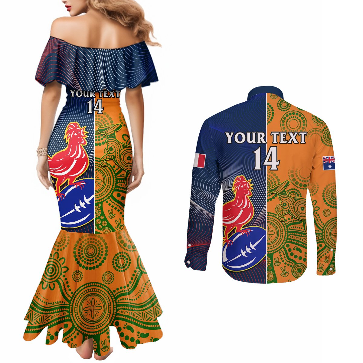 Custom France And Australia Rugby Couples Matching Mermaid Dress and Long Sleeve Button Shirts 2023 World Cup Le Bleus Wallabies Together LT14 - Polynesian Pride
