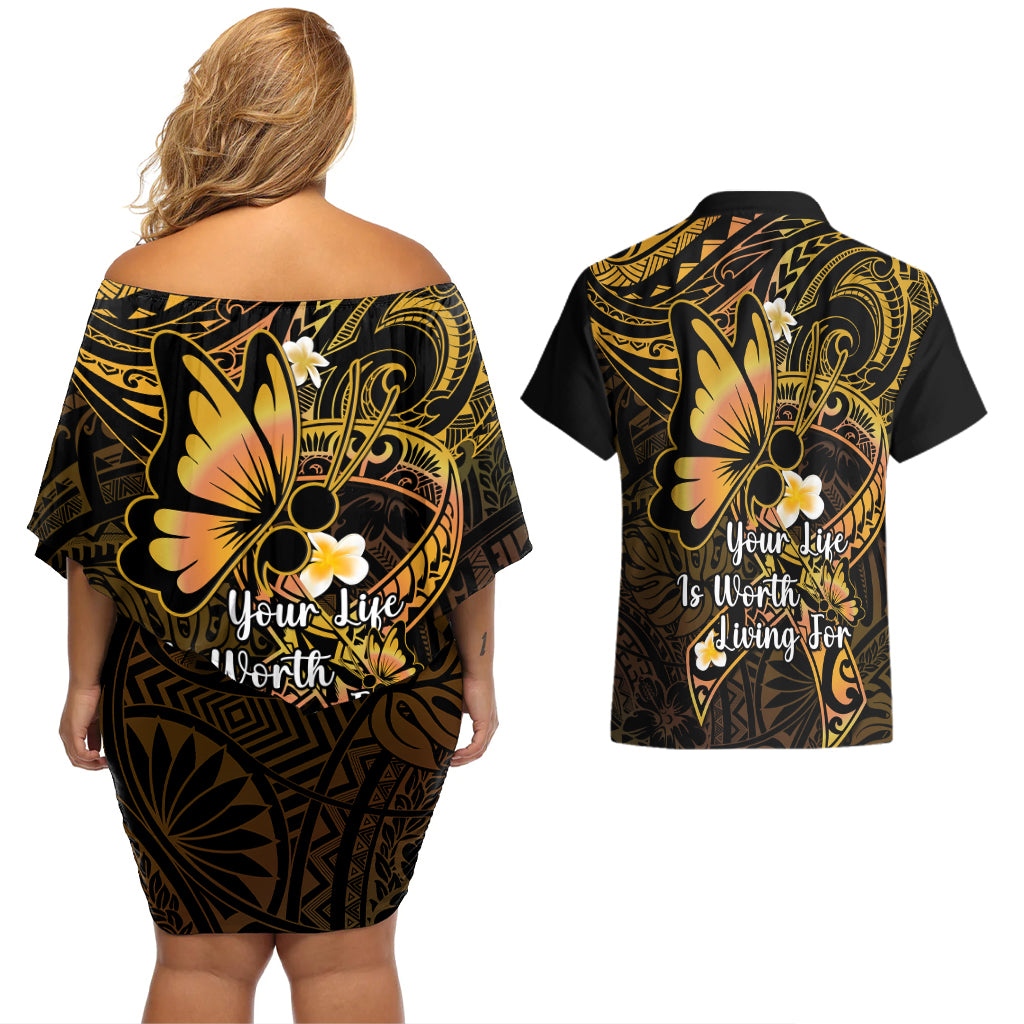 Polynesia Suicide Prevention Awareness Couples Matching Off Shoulder Short Dress and Hawaiian Shirt Your Life Is Worth Living For Polynesian Gold Pattern LT14 - Polynesian Pride