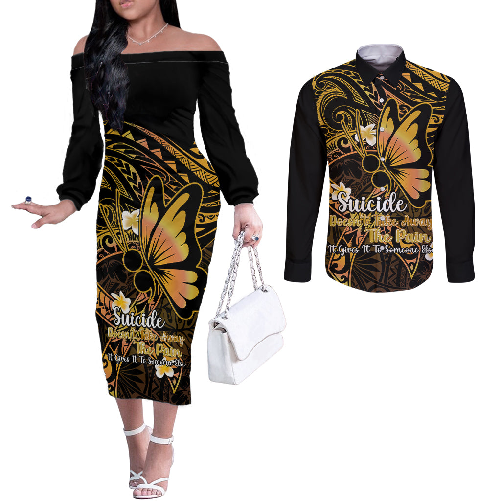Polynesia Suicide Prevention Awareness Couples Matching Off The Shoulder Long Sleeve Dress and Long Sleeve Button Shirts Your Life Is Worth Living For Polynesian Gold Pattern LT14 Gold - Polynesian Pride