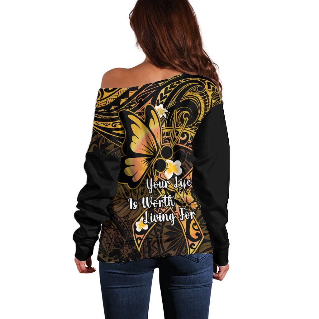 Polynesia Suicide Prevention Awareness Off Shoulder Sweater Your Life Is Worth Living For Polynesian Gold Pattern LT14 - Polynesian Pride