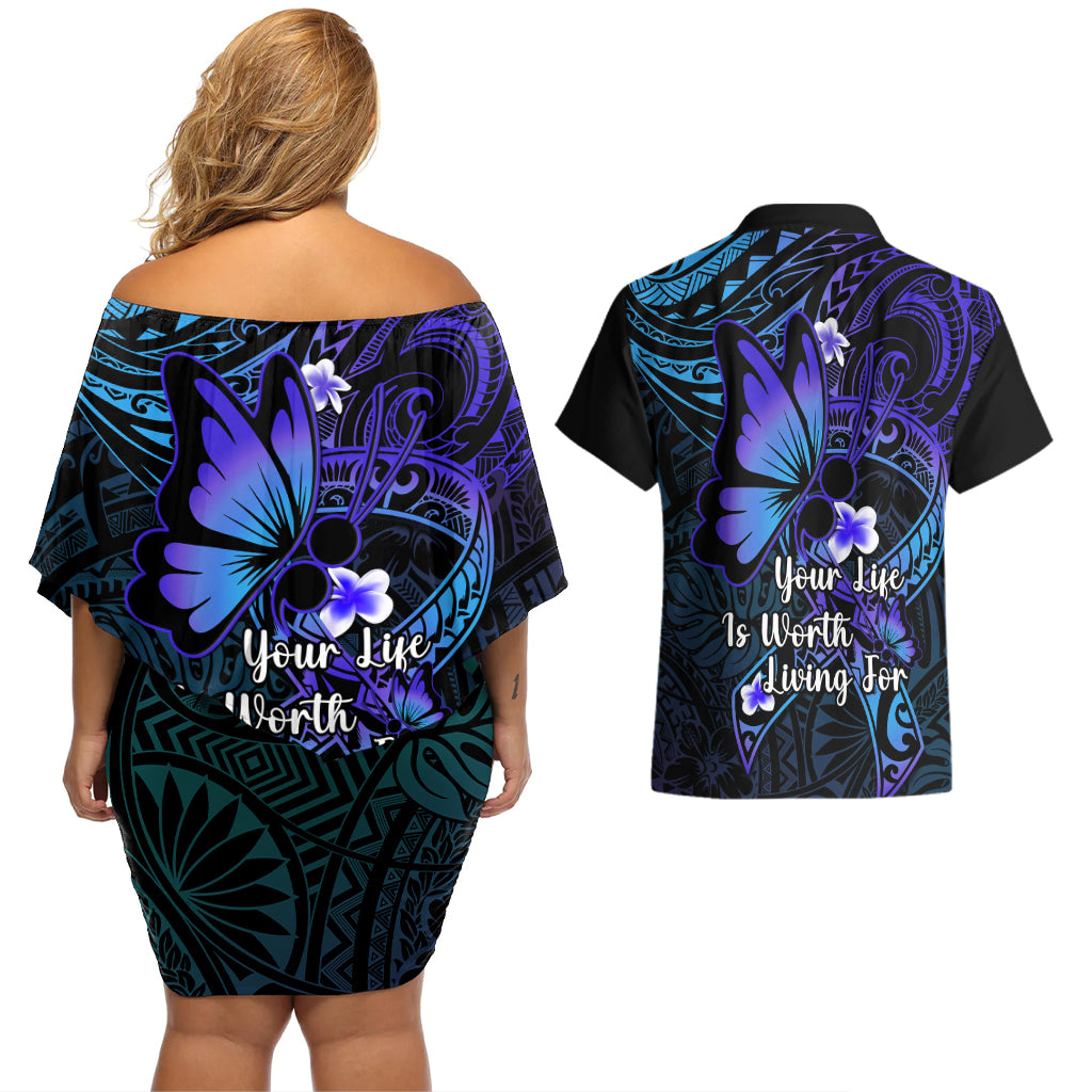 Polynesia Suicide Prevention Awareness Couples Matching Off Shoulder Short Dress and Hawaiian Shirt Your Life Is Worth Living For Polynesian Purple Pattern LT14 - Polynesian Pride