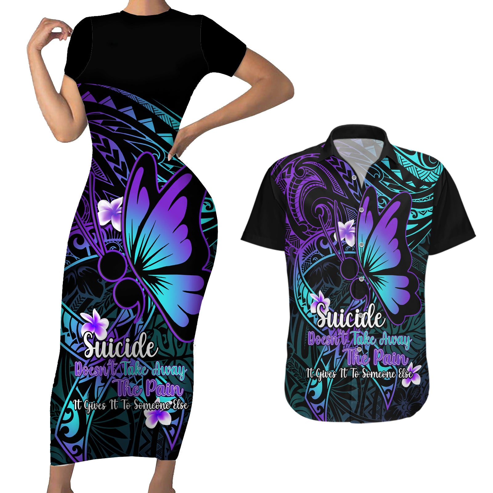 Polynesia Suicide Prevention Awareness Couples Matching Short Sleeve Bodycon Dress and Hawaiian Shirt Your Life Is Worth Living For Polynesian Purple Pattern LT14 Purple - Polynesian Pride