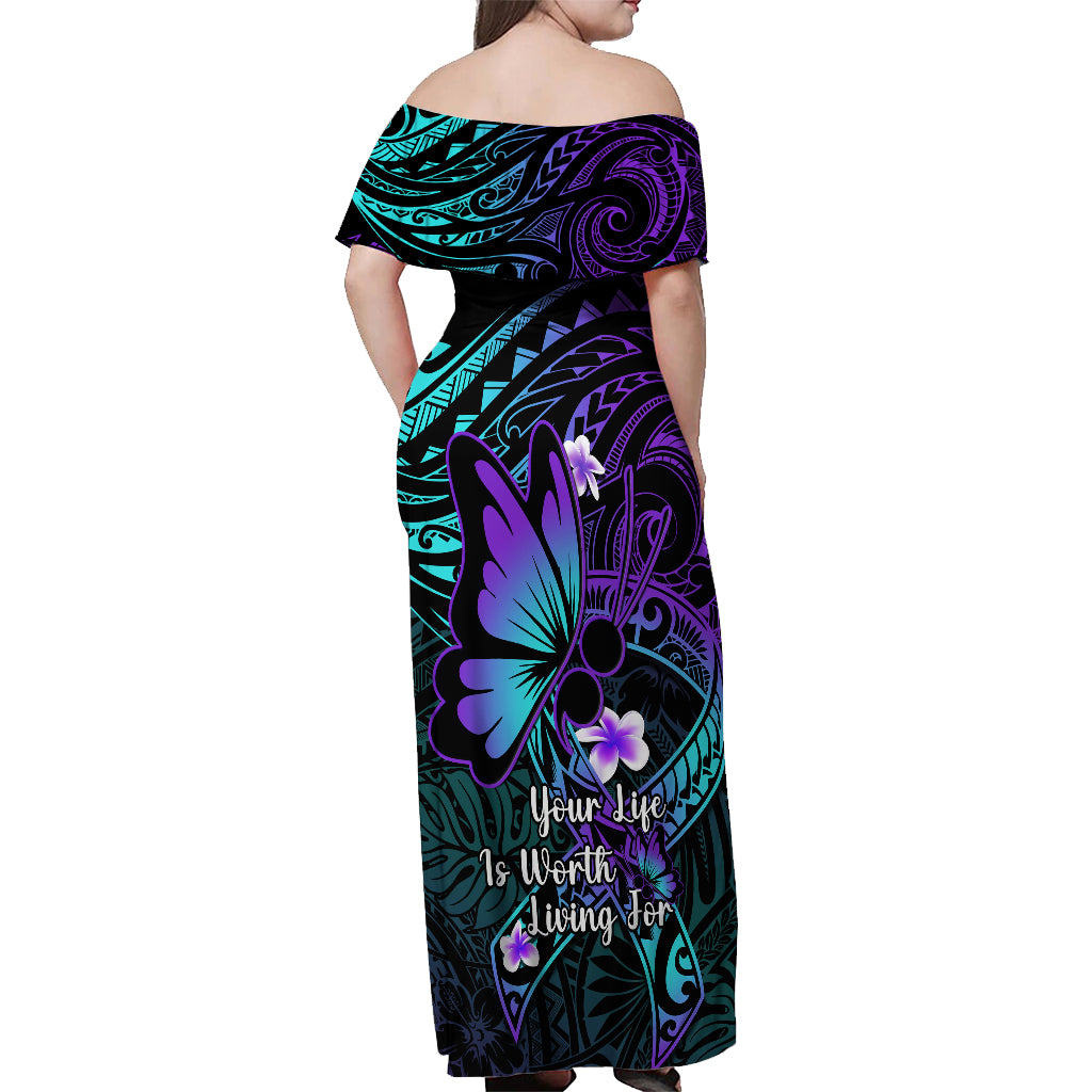Polynesia Suicide Prevention Awareness Off Shoulder Maxi Dress Your Life Is Worth Living For Polynesian Purple Pattern LT14 - Polynesian Pride