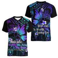 Polynesia Suicide Prevention Awareness Women V Neck T Shirt Your Life Is Worth Living For Polynesian Purple Pattern LT14 - Polynesian Pride
