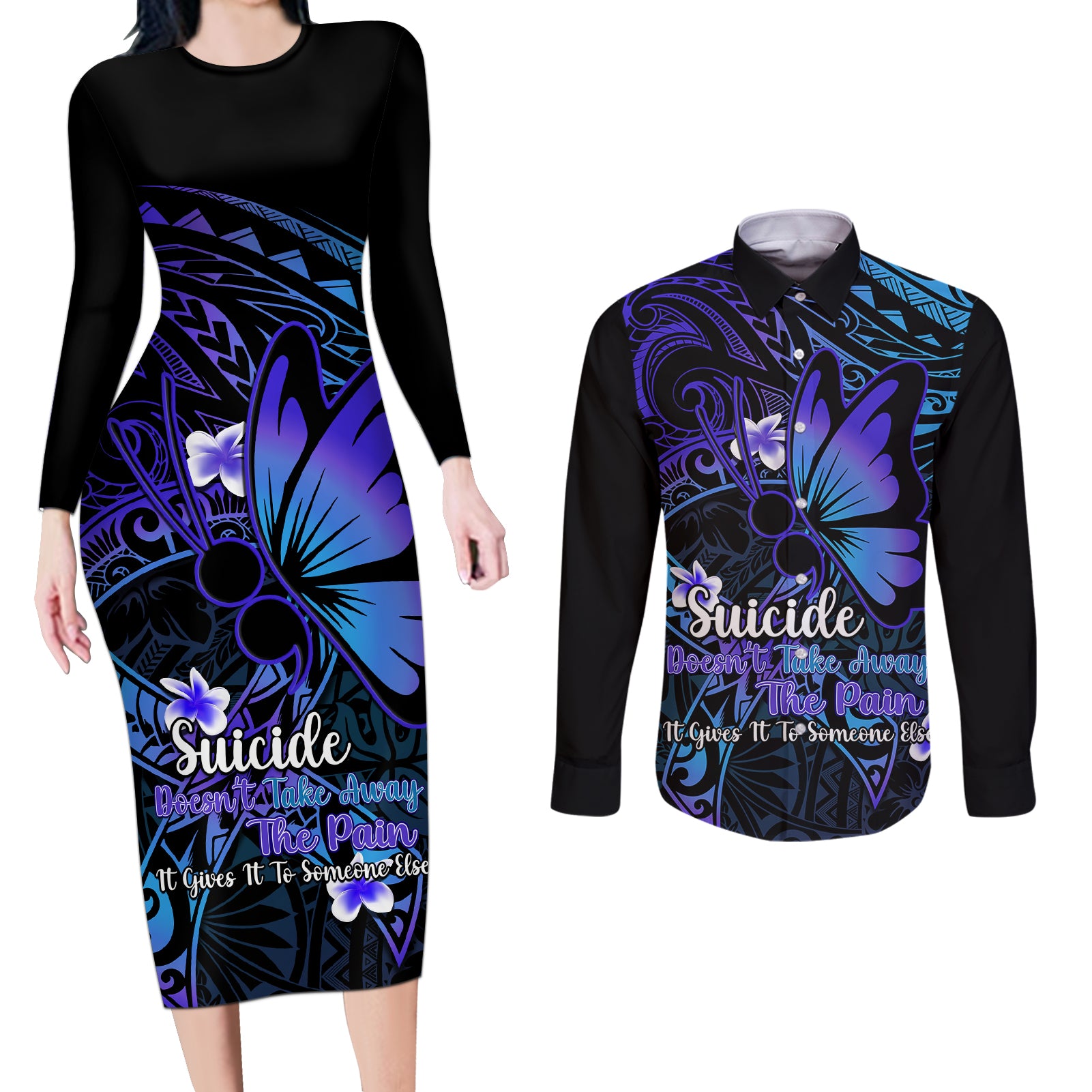 Polynesia Suicide Prevention Awareness Couples Matching Long Sleeve Bodycon Dress and Long Sleeve Button Shirts Your Life Is Worth Living For Polynesian Blue Pattern LT14 Gold - Polynesian Pride