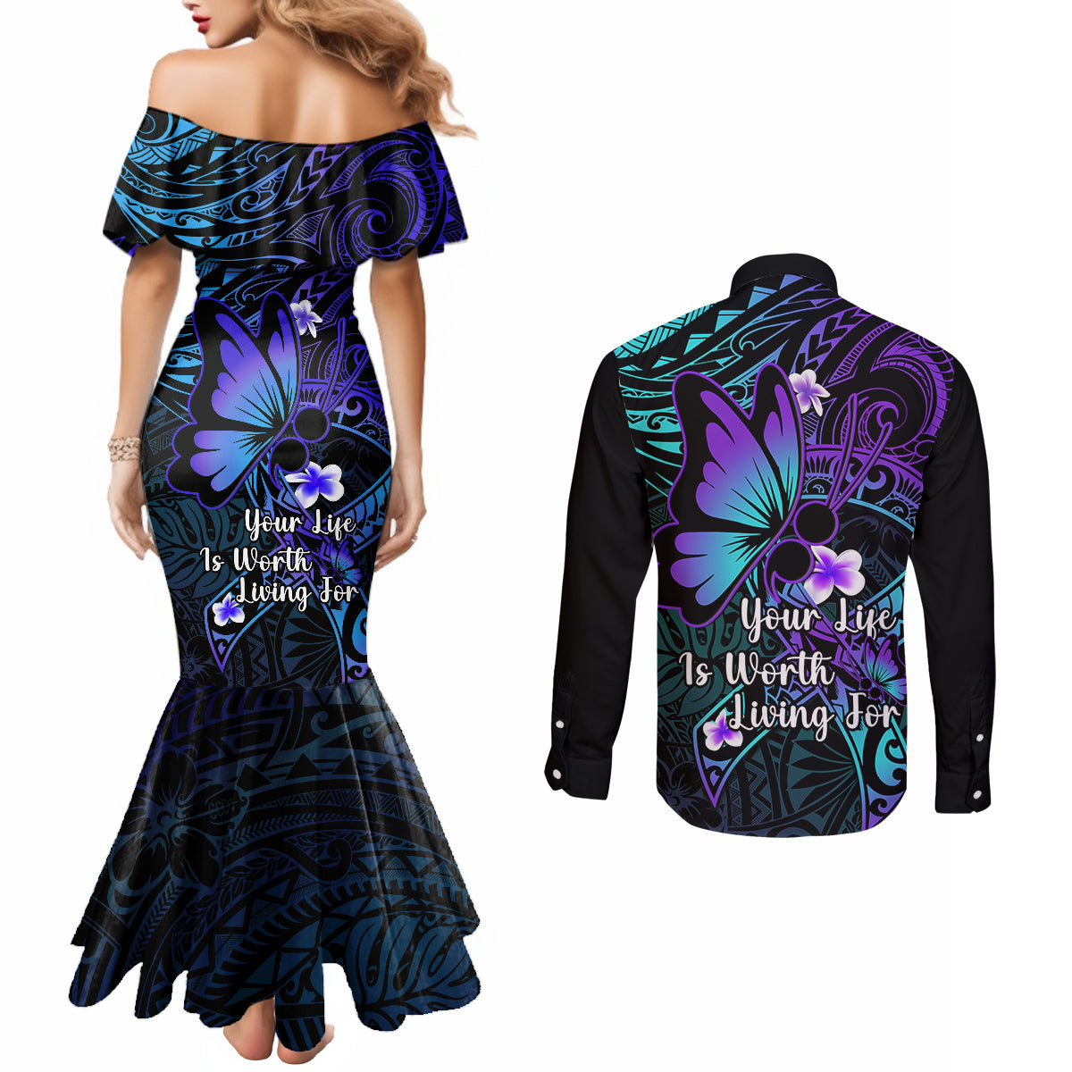 Polynesia Suicide Prevention Awareness Couples Matching Mermaid Dress and Long Sleeve Button Shirts Your Life Is Worth Living For Polynesian Blue Pattern LT14 - Polynesian Pride