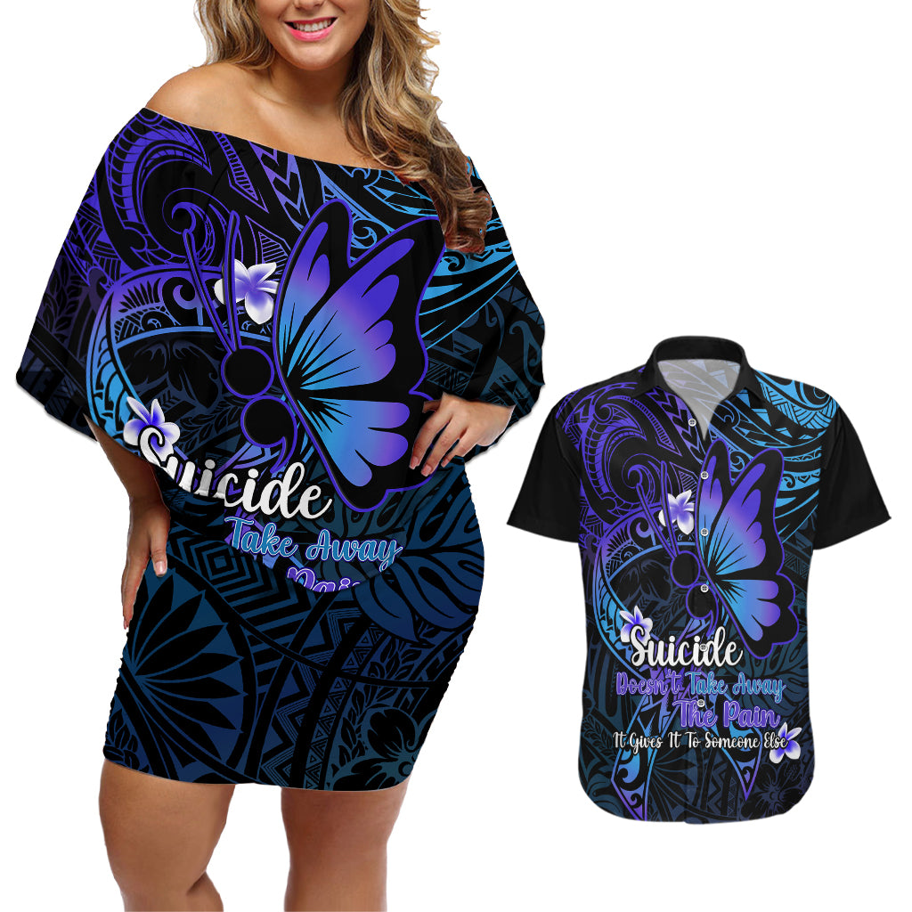 Polynesia Suicide Prevention Awareness Couples Matching Off Shoulder Short Dress and Hawaiian Shirt Your Life Is Worth Living For Polynesian Blue Pattern LT14 Gold - Polynesian Pride