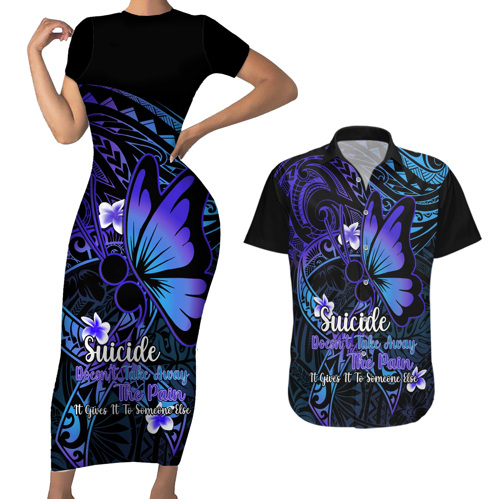 Polynesia Suicide Prevention Awareness Couples Matching Short Sleeve Bodycon Dress and Hawaiian Shirt Your Life Is Worth Living For Polynesian Blue Pattern LT14 Gold - Polynesian Pride