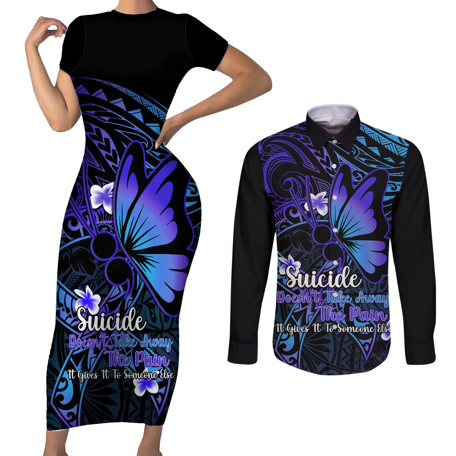 Polynesia Suicide Prevention Awareness Couples Matching Short Sleeve Bodycon Dress and Long Sleeve Button Shirts Your Life Is Worth Living For Polynesian Blue Pattern LT14 Gold - Polynesian Pride