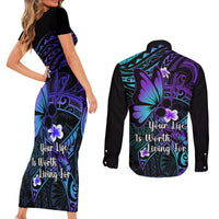 Polynesia Suicide Prevention Awareness Couples Matching Short Sleeve Bodycon Dress and Long Sleeve Button Shirts Your Life Is Worth Living For Polynesian Blue Pattern LT14 - Polynesian Pride