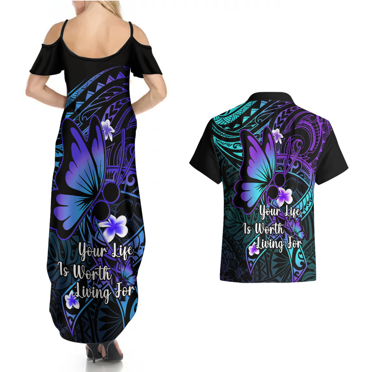 Polynesia Suicide Prevention Awareness Couples Matching Summer Maxi Dress and Hawaiian Shirt Your Life Is Worth Living For Polynesian Blue Pattern LT14 - Polynesian Pride