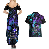 Polynesia Suicide Prevention Awareness Couples Matching Summer Maxi Dress and Hawaiian Shirt Your Life Is Worth Living For Polynesian Blue Pattern LT14 - Polynesian Pride