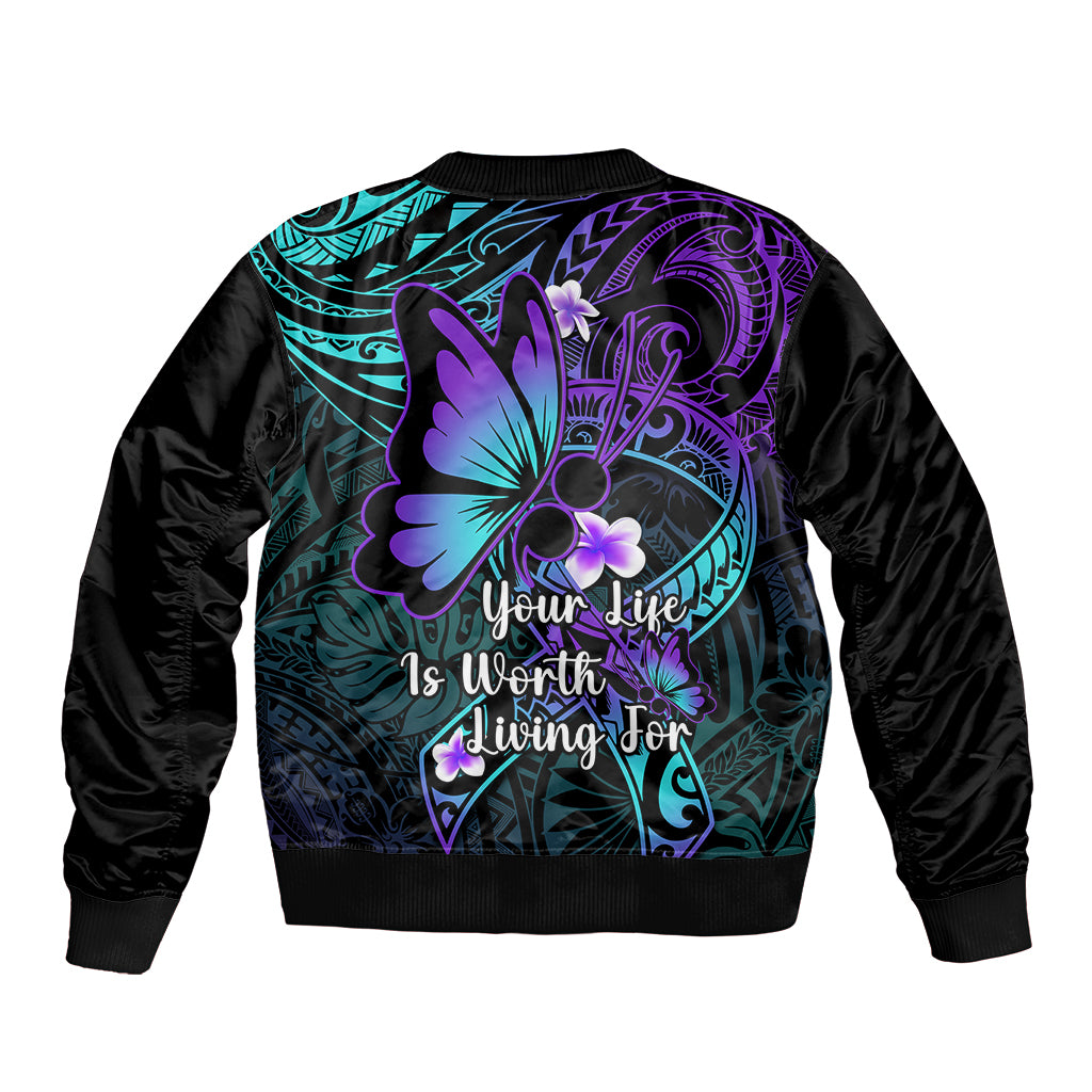 Polynesia Suicide Prevention Awareness Sleeve Zip Bomber Jacket Your Life Is Worth Living For Polynesian Blue Pattern LT14 - Polynesian Pride