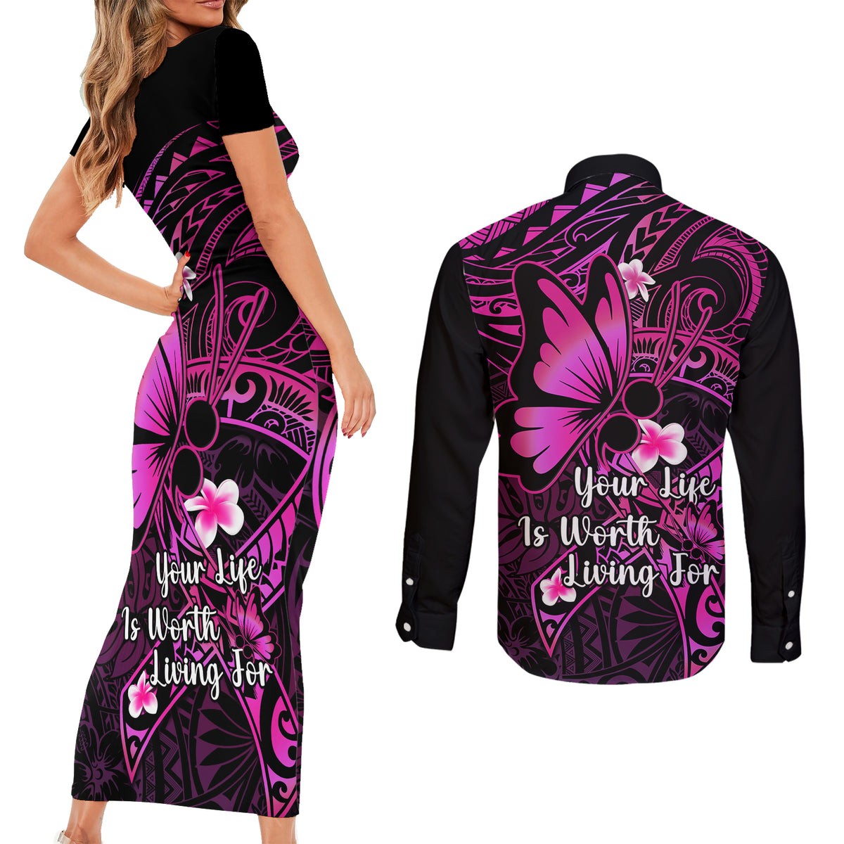 Polynesia Suicide Prevention Awareness Couples Matching Short Sleeve Bodycon Dress and Long Sleeve Button Shirts Your Life Is Worth Living For Polynesian Pink Pattern LT14 - Polynesian Pride