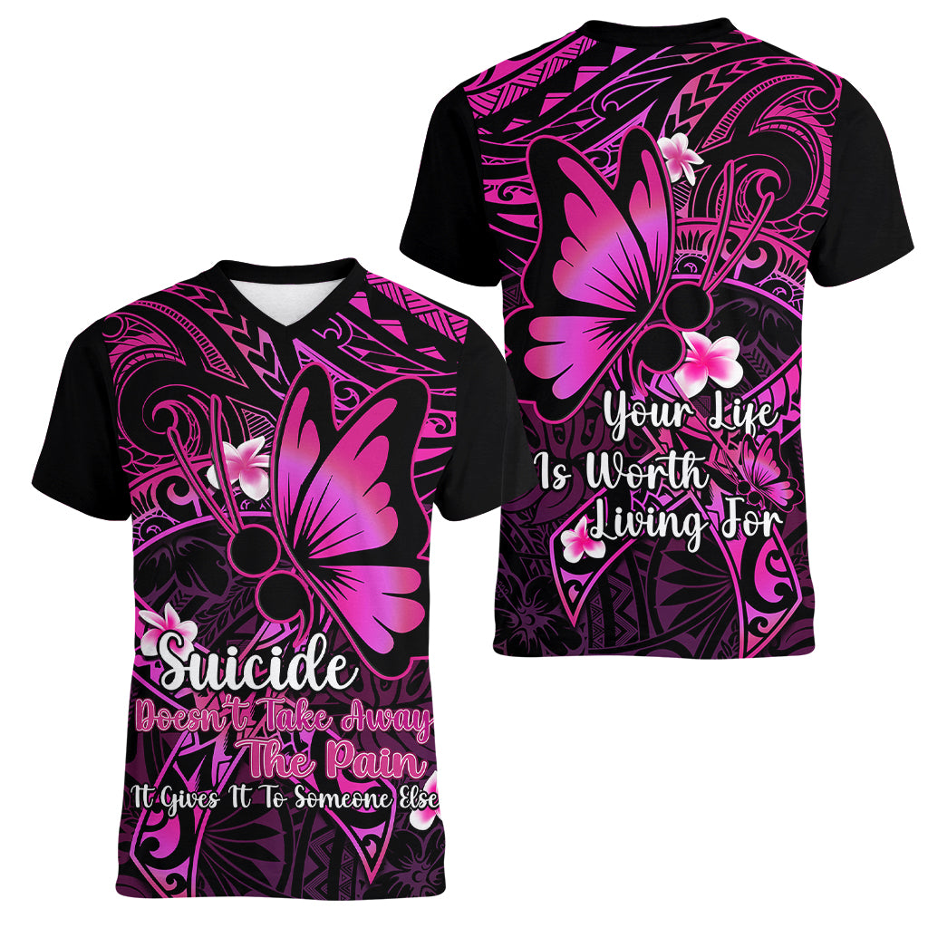 Polynesia Suicide Prevention Awareness Women V Neck T Shirt Your Life Is Worth Living For Polynesian Pink Pattern LT14 - Polynesian Pride