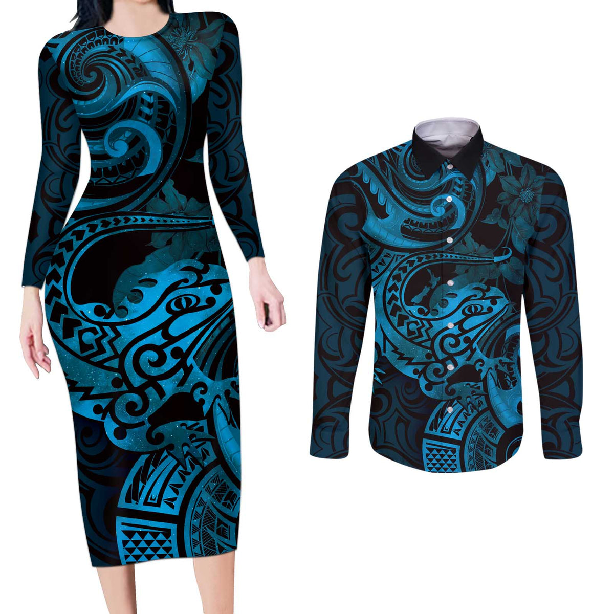 New Zealand Tuatara Couples Matching Long Sleeve Bodycon Dress and Long Sleeve Button Shirt Aotearoa Maori Clematis Flowers - Blue LT14 Blue - Polynesian Pride